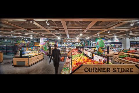 The new store has many displays for fresh produce.